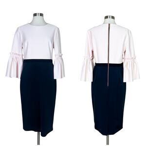 Ted Baker | Limila Light Pink Black Ruffle Bell Sleeve Colorblock Designer Dress